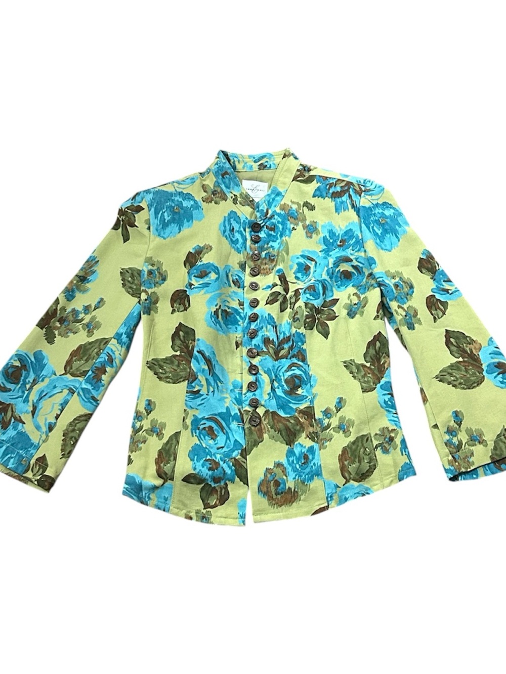 Emma James Lime Green Button-Front Blouse with Turquoise Floral Print